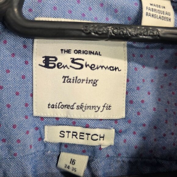 Mens Ben Sherman Tailored Skinny Fit Stretch Shirt Blue & Pink Dot Pattern 16 - Picture 2 of 8